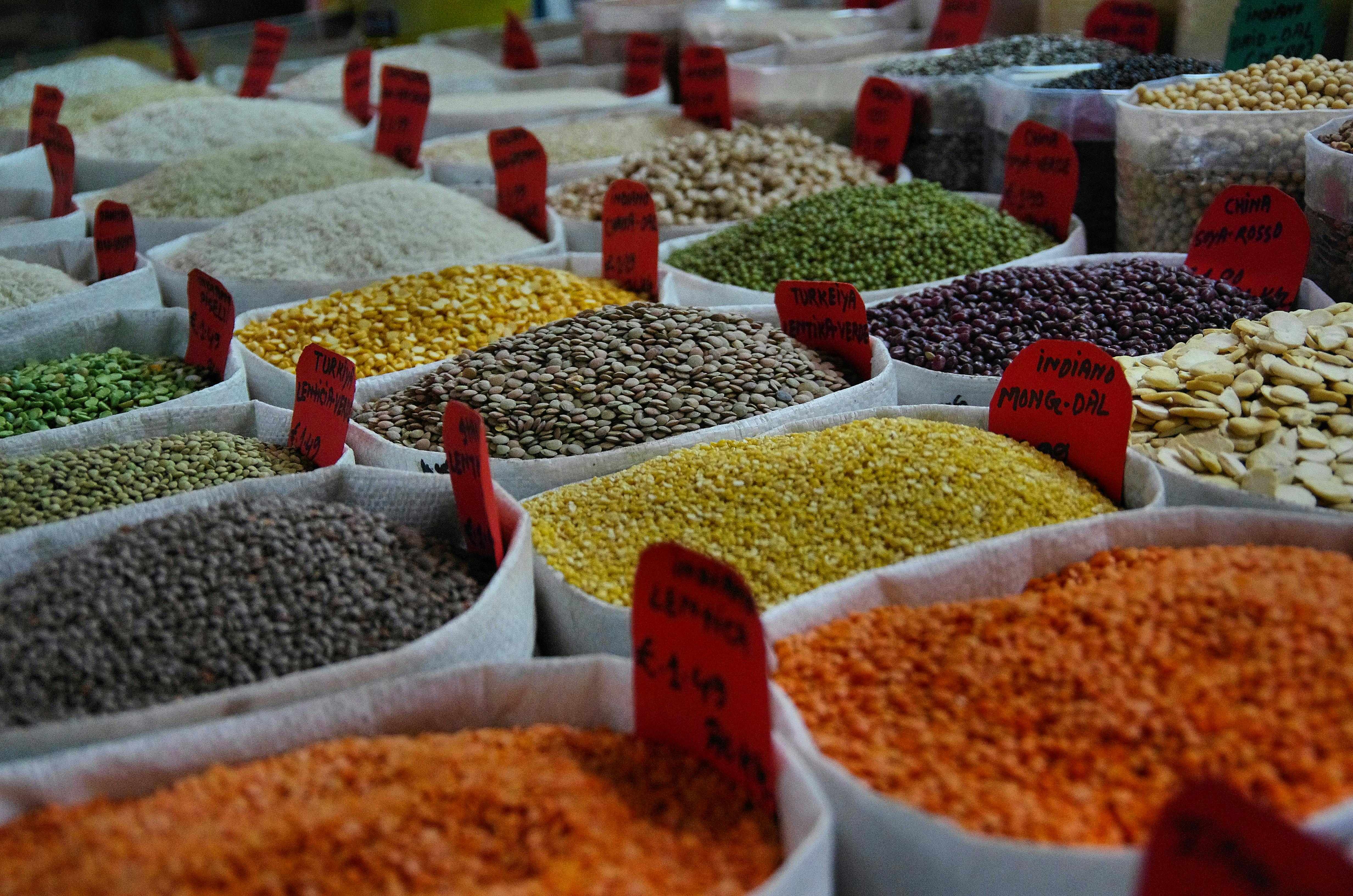 Colorful spices and grains